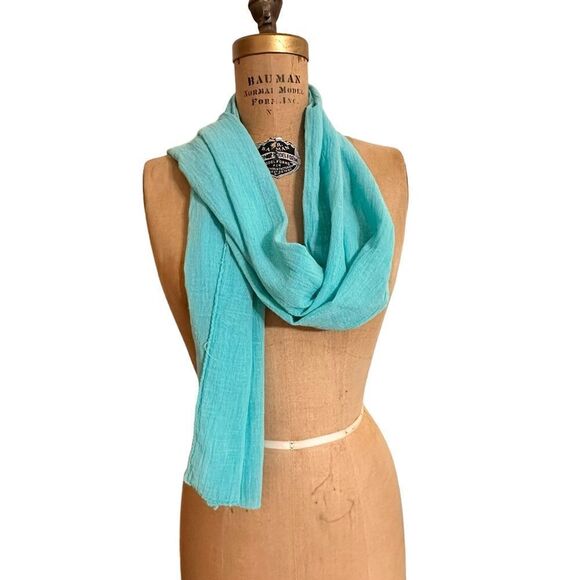 Vintage Boho Crinkly Indian Cotton Turquoise Scarf  unisex - Picture 2 of 9